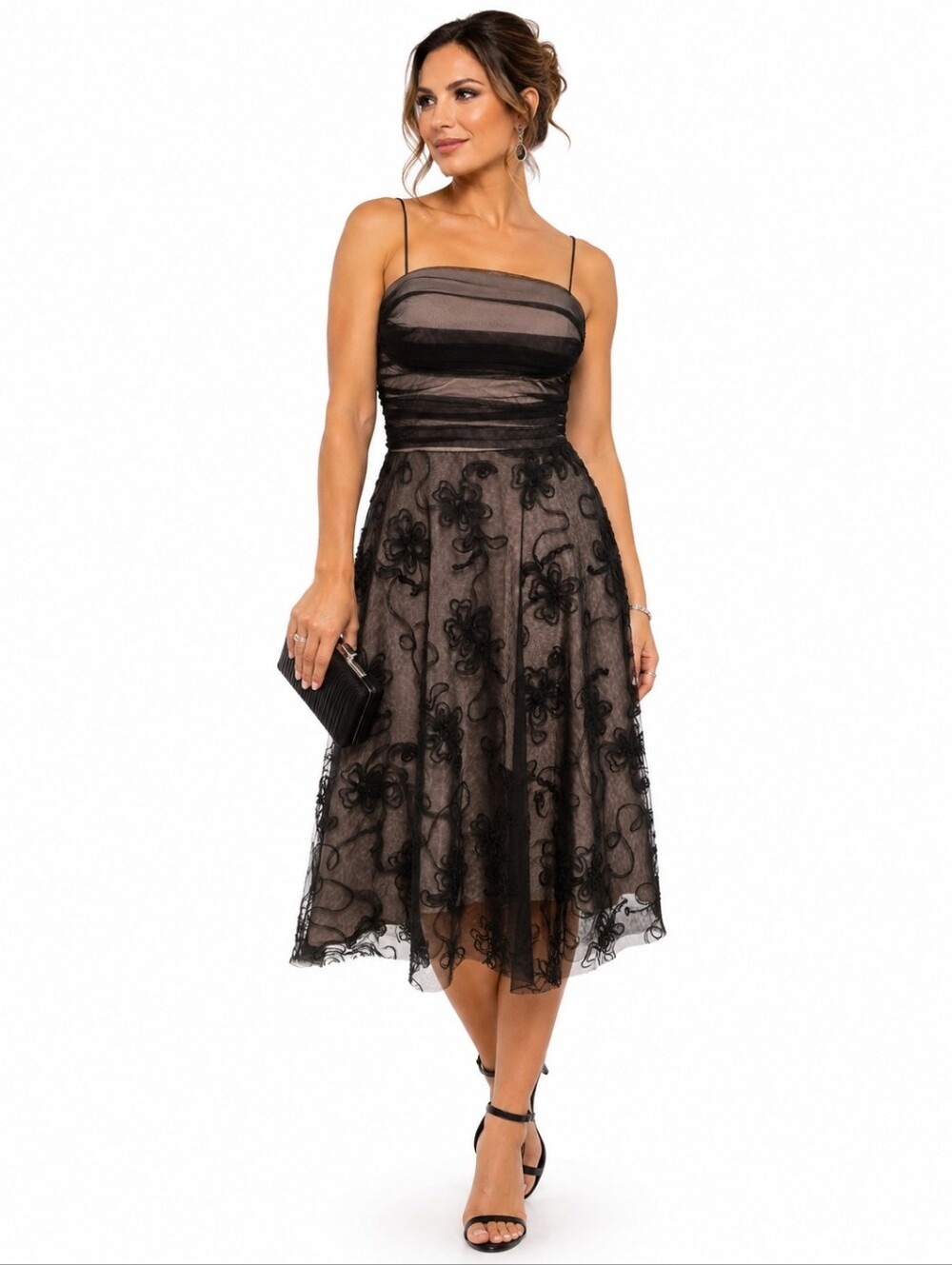 Jessica Howard Dress 12 Black Mesh Floral Applique Vintage Formal Midi